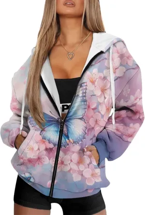 Women's Full Zip Up Hoodie with Pockets Oversized Sweatshirts Long Sleeve Fashion Clothes Jacket
