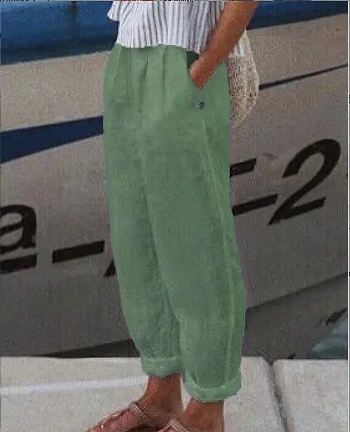 Womens Linen Pants with Pockets Loose Elastic High Waisted Comfy Beach Trousers Summer Lightweight Embroidered Casual Pants