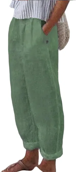Womens Linen Pants with Pockets Loose Elastic High Waisted Comfy Beach Trousers Summer Lightweight Embroidered Casual Pants
