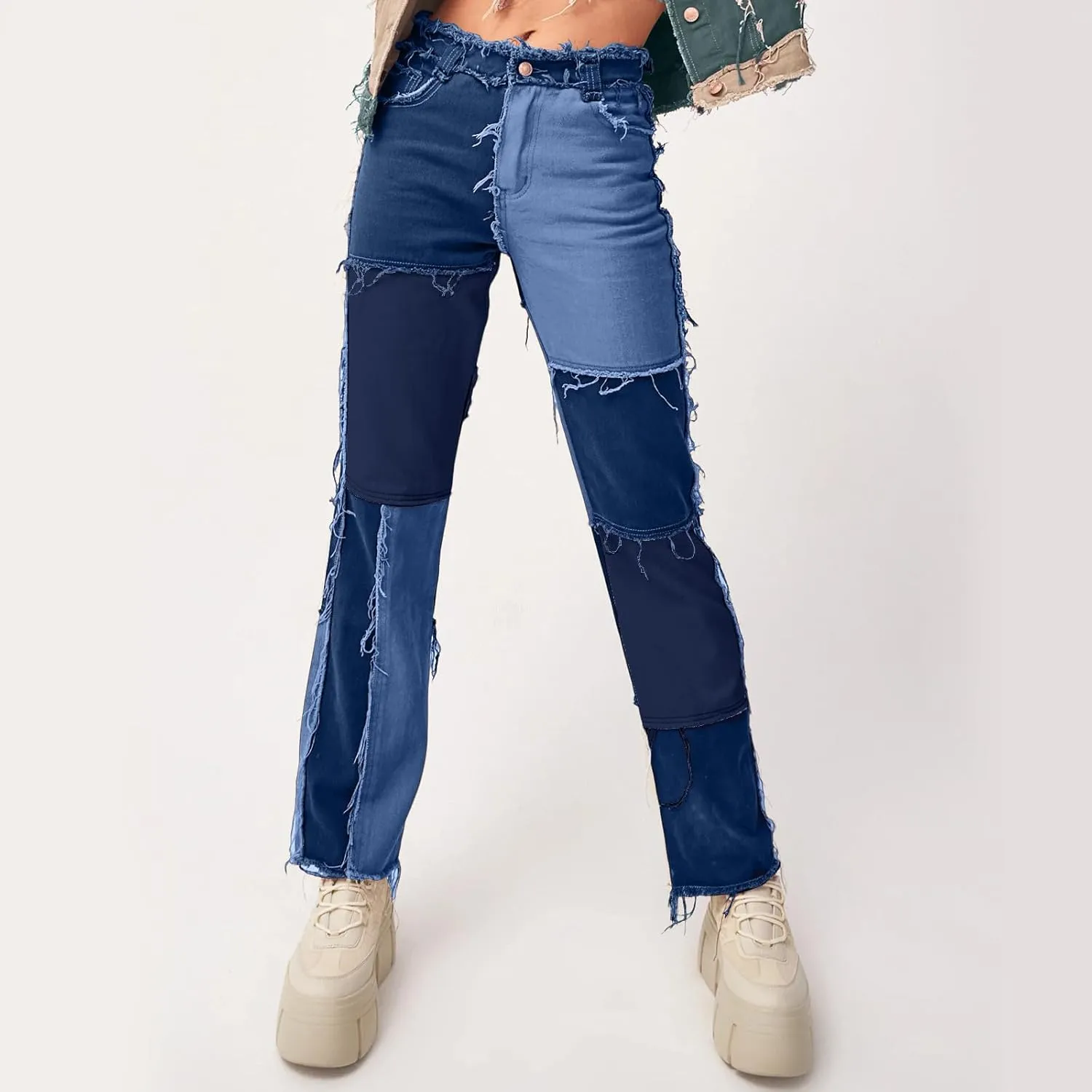 Womens Patchwork Jeans High Waisted Denim Pants Vintage Slim Fit Lounge Trousers Casual Trendy Long Pants with Pockets