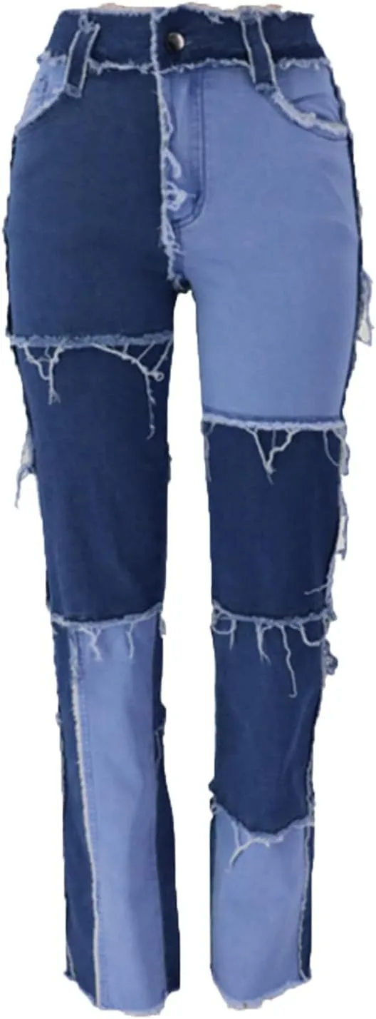 Womens Patchwork Jeans High Waisted Denim Pants Vintage Slim Fit Lounge Trousers Casual Trendy Long Pants with Pockets