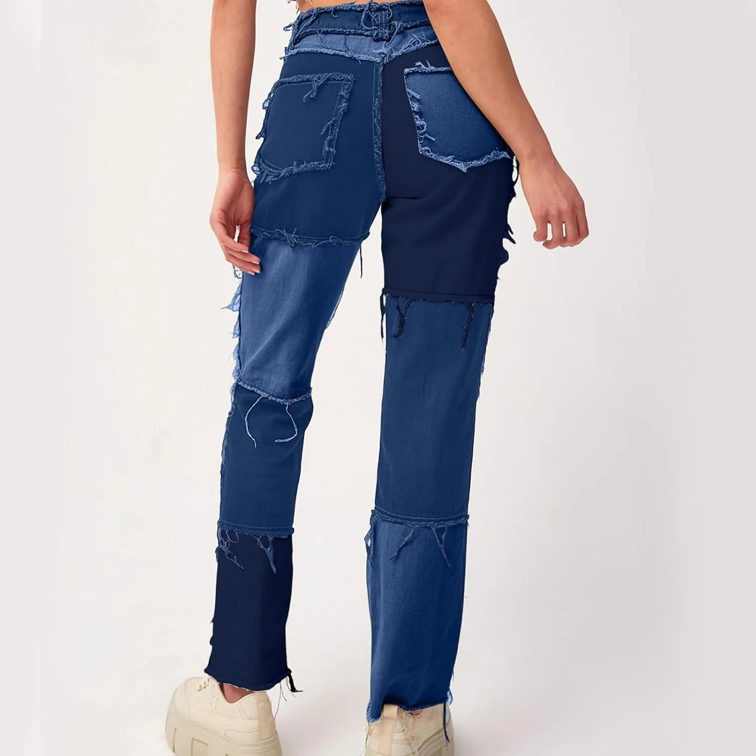 Womens Patchwork Jeans High Waisted Denim Pants Vintage Slim Fit Lounge Trousers Casual Trendy Long Pants with Pockets