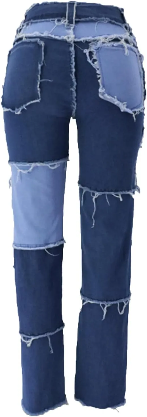 Womens Patchwork Jeans High Waisted Denim Pants Vintage Slim Fit Lounge Trousers Casual Trendy Long Pants with Pockets