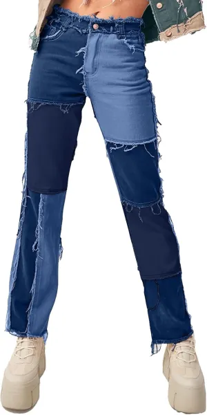 Womens Patchwork Jeans High Waisted Denim Pants Vintage Slim Fit Lounge Trousers Casual Trendy Long Pants with Pockets