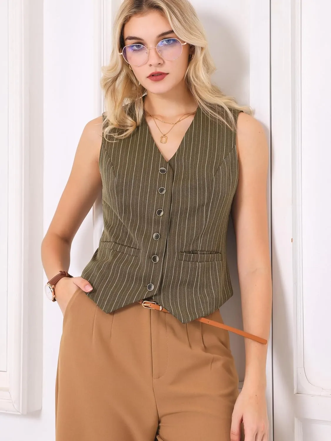 Women's Pinstripe Waistcoat Button Down Vintage Striped Vest