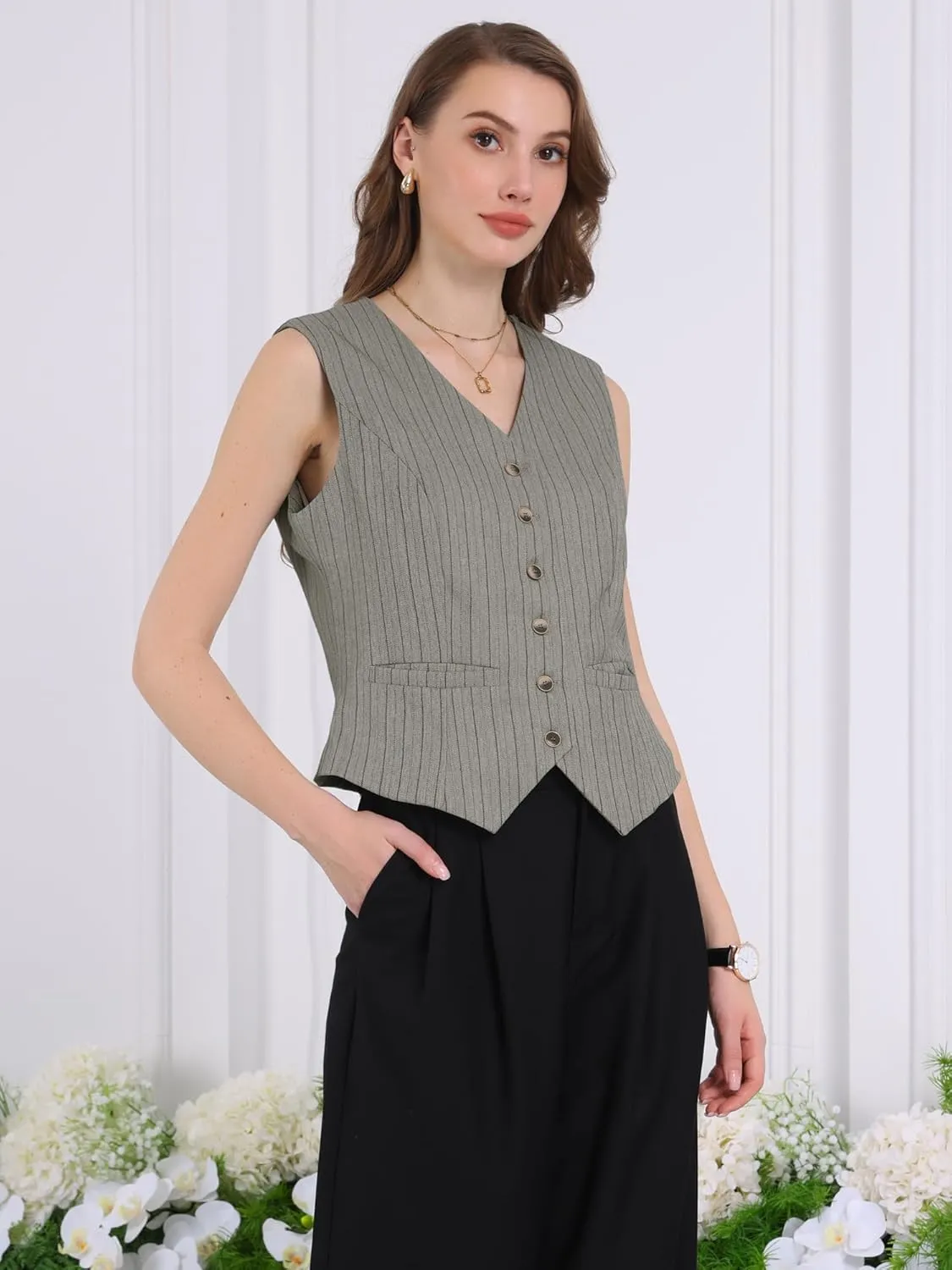 Women's Pinstripe Waistcoat Button Down Vintage Striped Vest