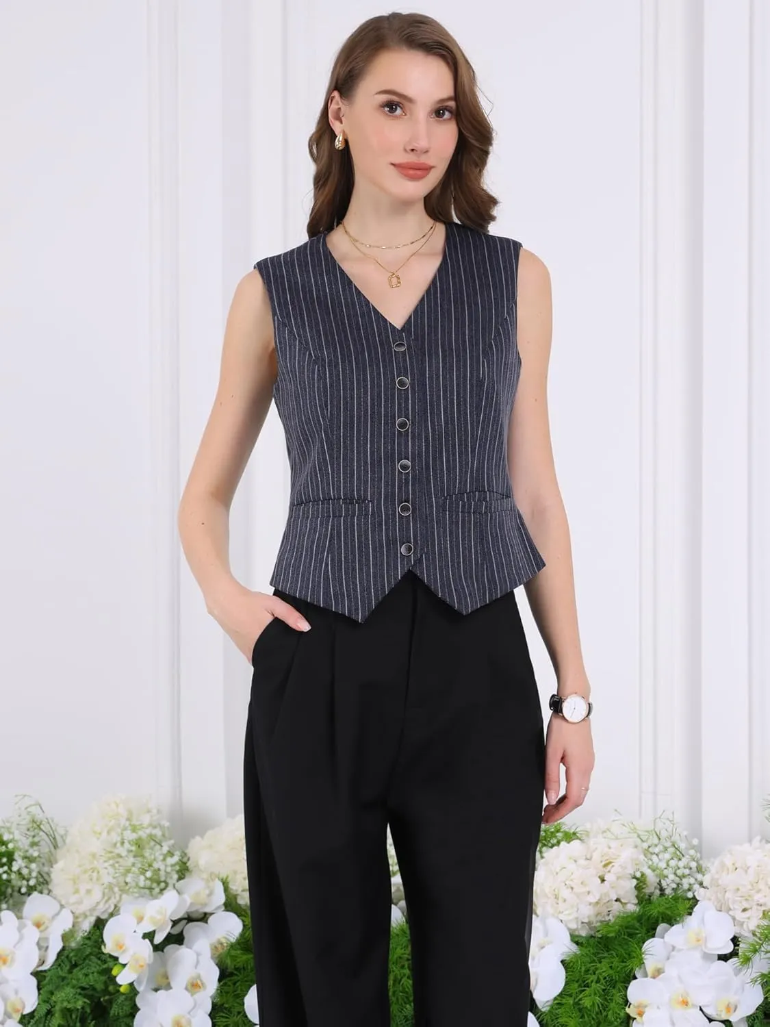 Women's Pinstripe Waistcoat Button Down Vintage Striped Vest