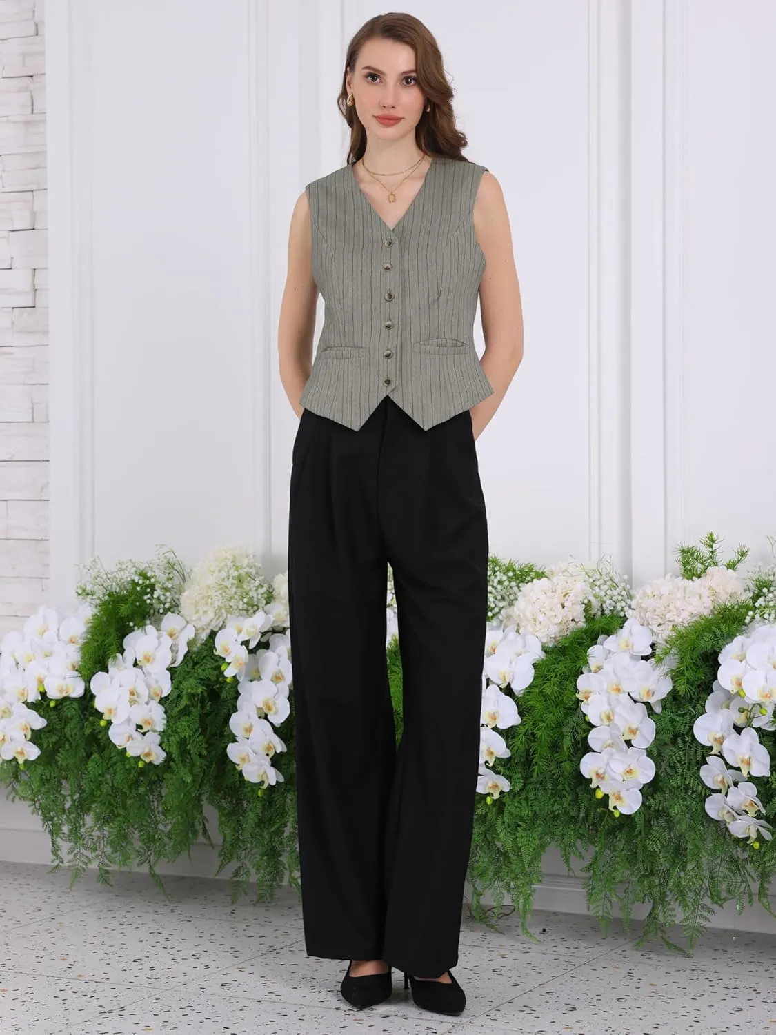 Women's Pinstripe Waistcoat Button Down Vintage Striped Vest