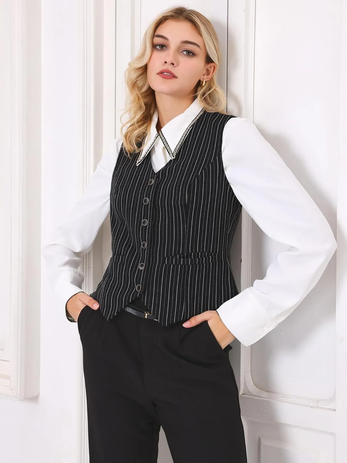 Women's Pinstripe Waistcoat Button Down Vintage Striped Vest