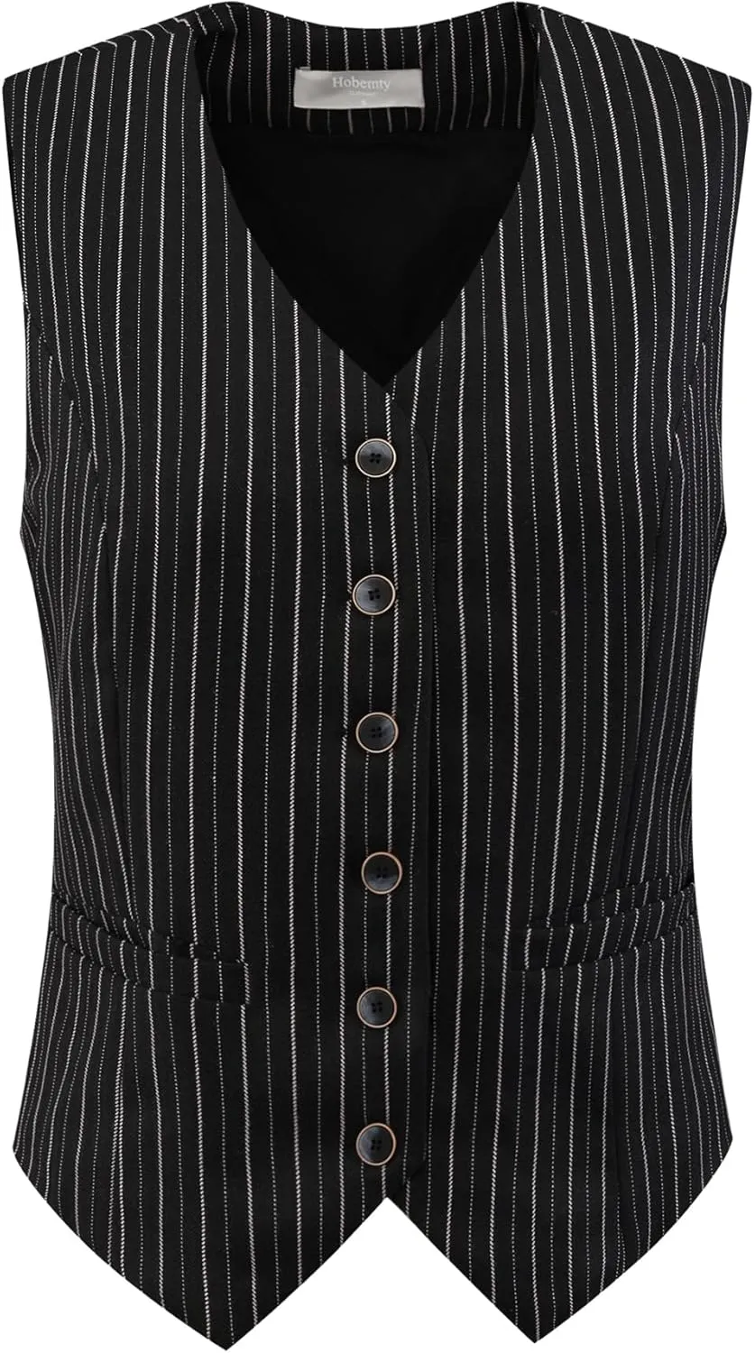 Women's Pinstripe Waistcoat Button Down Vintage Striped Vest