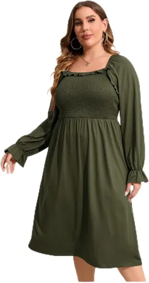 Women's Plus Size Ruffle Long Sleeve Square Neck High Waist Smocked Tunic A Line Midi Knee Length Dress Wine 3XL