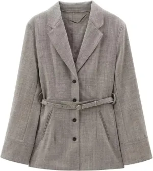 Women's Slim Blazer with Belt Notched Lapel Long Sleeve Office Business Jacket