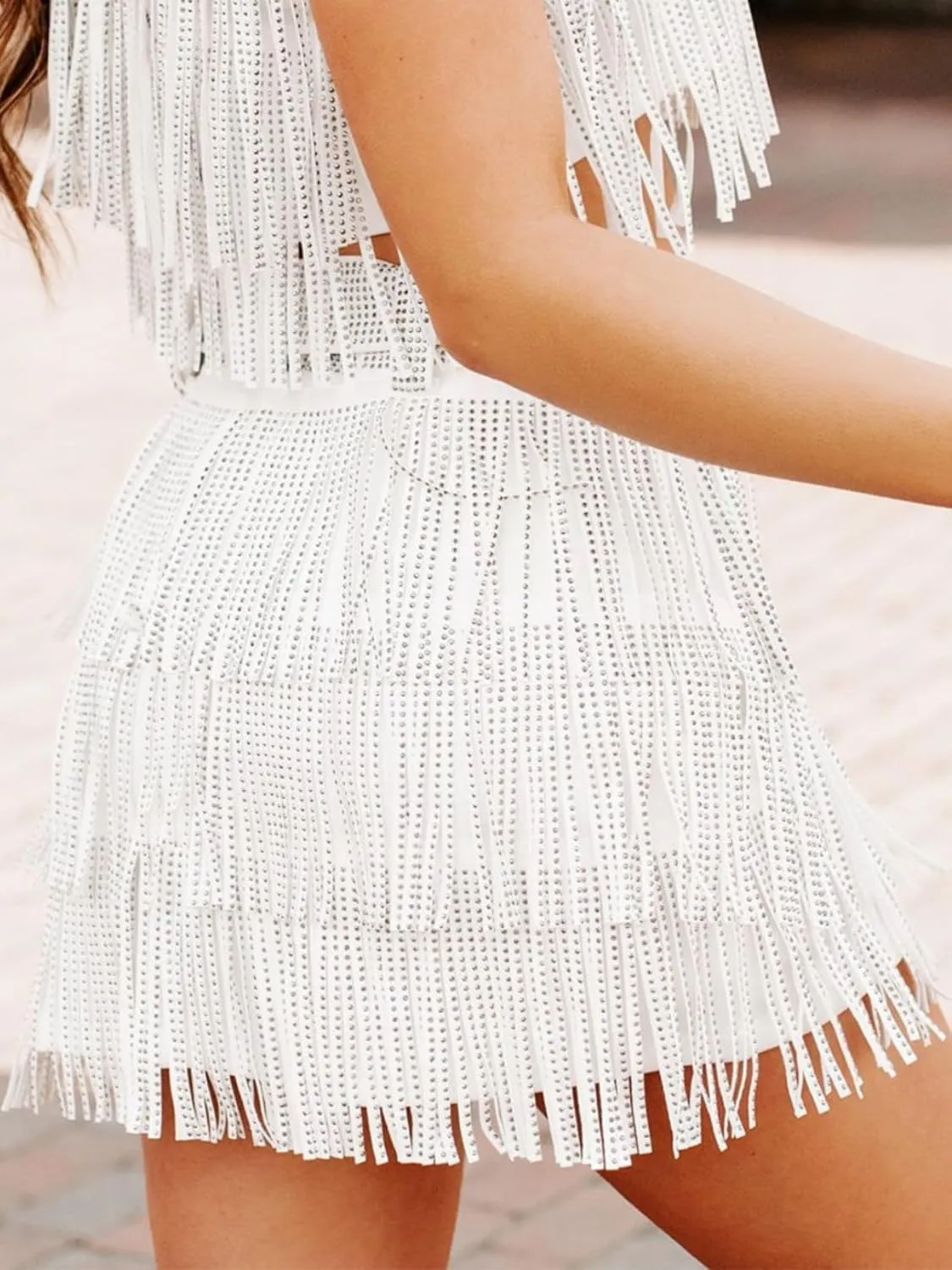 Womens Sparkle Rhinestone Fringe Skirt Elastic Waistband Short Mini Dress with Adjustable and Removable Belt