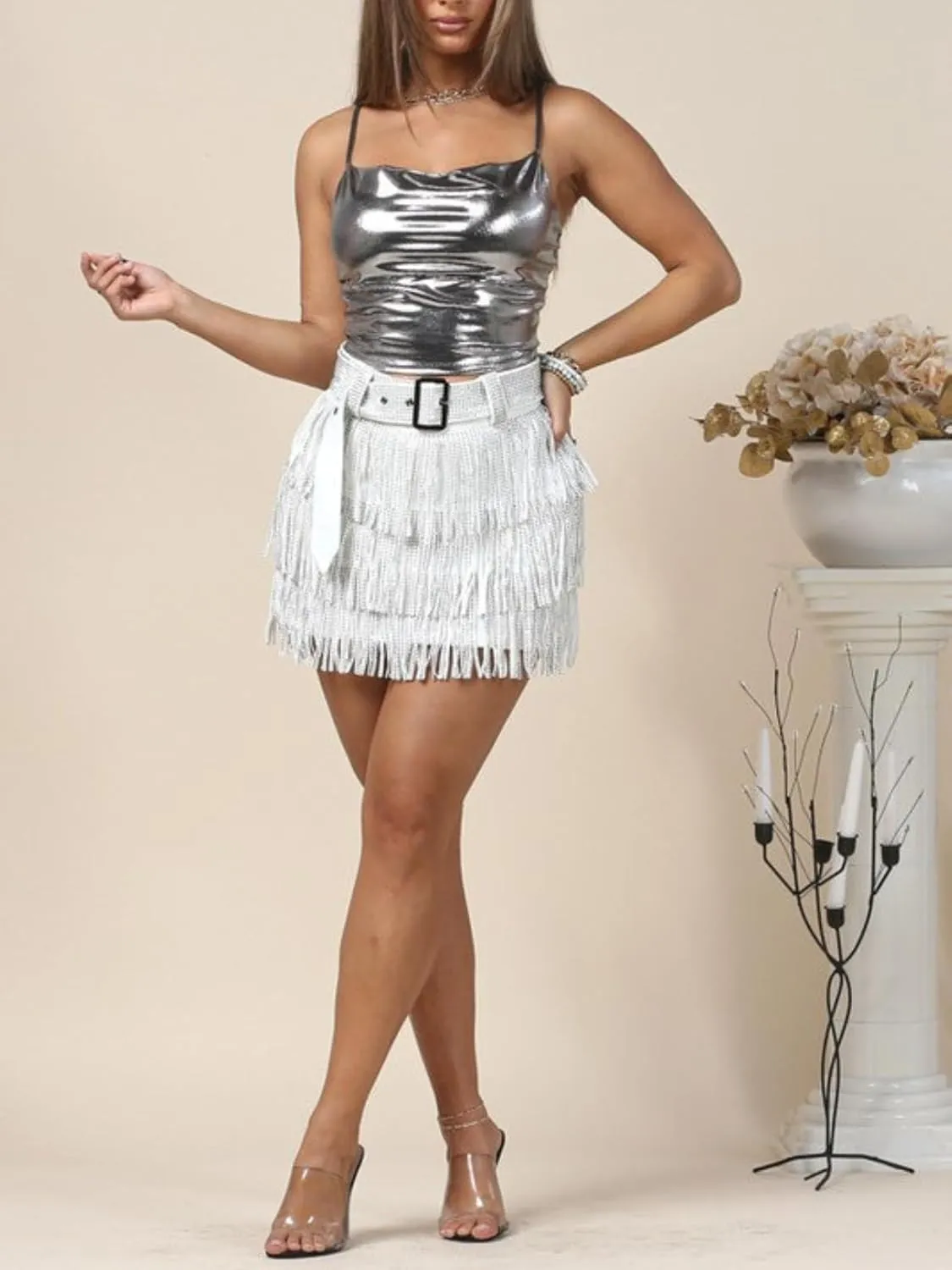Womens Sparkle Rhinestone Fringe Skirt Elastic Waistband Short Mini Dress with Adjustable and Removable Belt