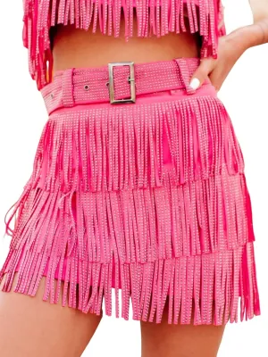 Womens Sparkle Rhinestone Fringe Skirt Elastic Waistband Short Mini Dress with Adjustable and Removable Belt