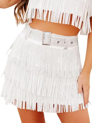 Womens Sparkle Rhinestone Fringe Skirt Elastic Waistband Short Mini Dress with Adjustable and Removable Belt