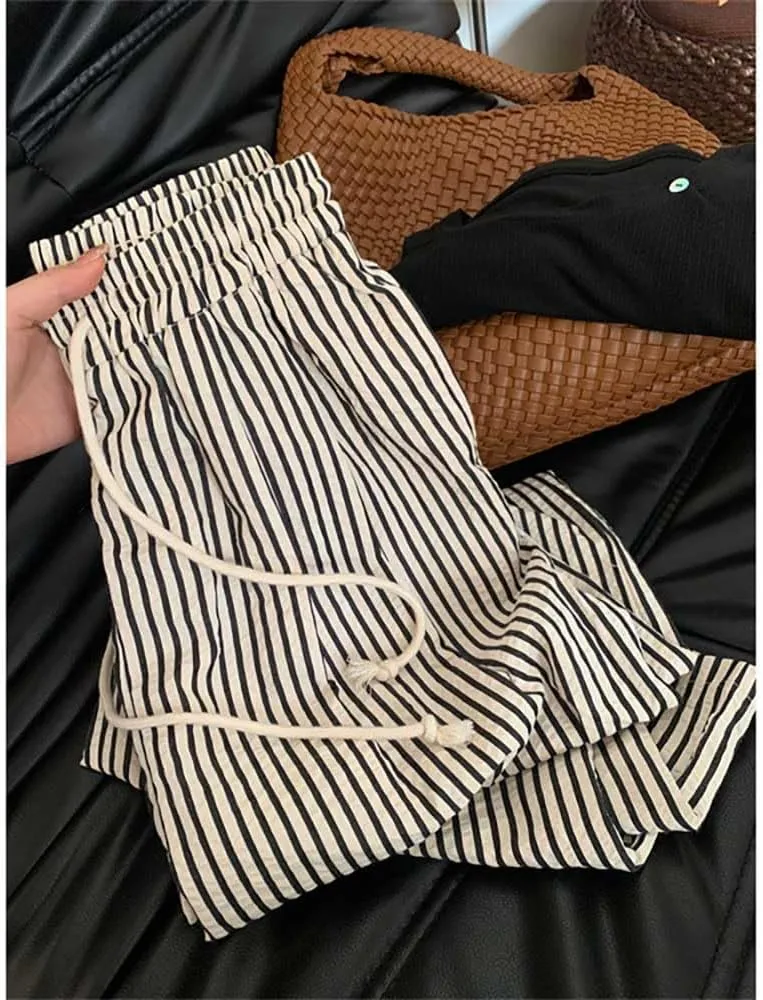 Women's Striped Wide Leg Lounge Pants Pinstripe Drawstring Lightweights Beach Trousers