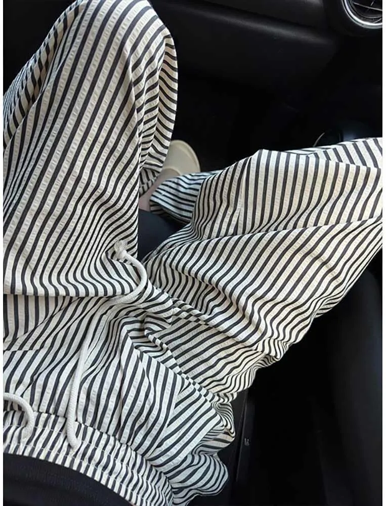Women's Striped Wide Leg Lounge Pants Pinstripe Drawstring Lightweights Beach Trousers