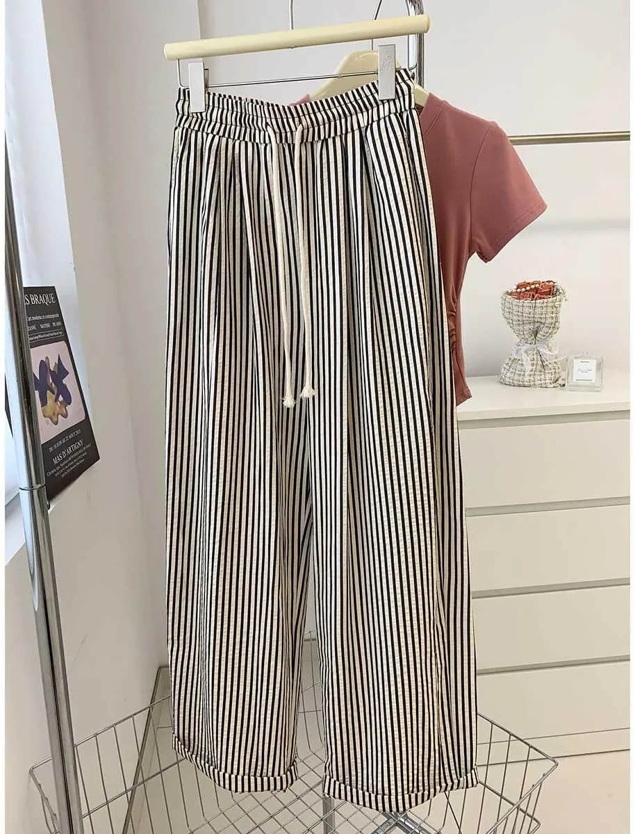 Women's Striped Wide Leg Lounge Pants Pinstripe Drawstring Lightweights Beach Trousers