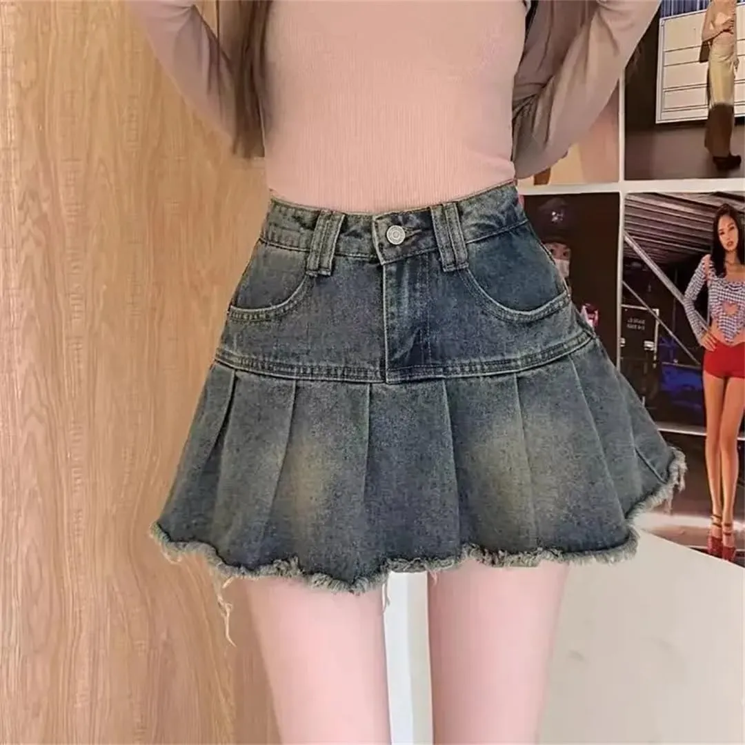 Women's Summer Mini Dress Plenty Wrinkles Fringe Design Slimming High-Waisted Denim Skirt