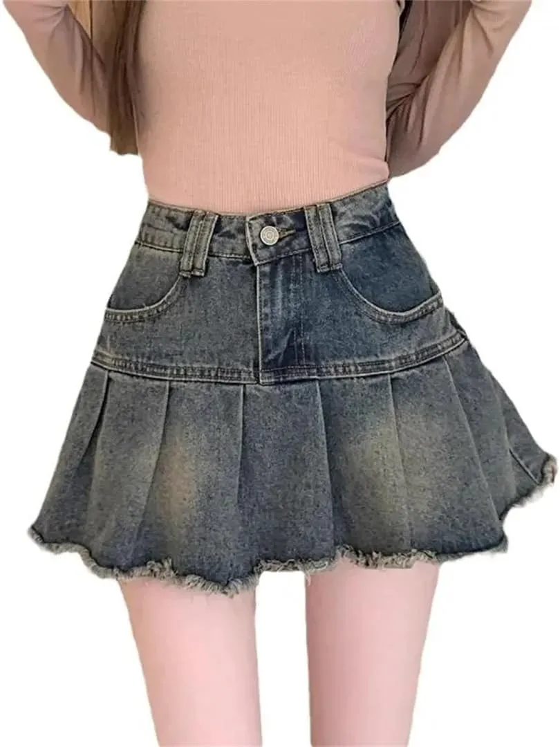 Women's Summer Mini Dress Plenty Wrinkles Fringe Design Slimming High-Waisted Denim Skirt