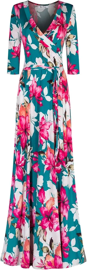 Women's Super Stretchy Maxi Party Dress Spring Floral Print Faux Wrap 3/4 Sleeve V-Neck