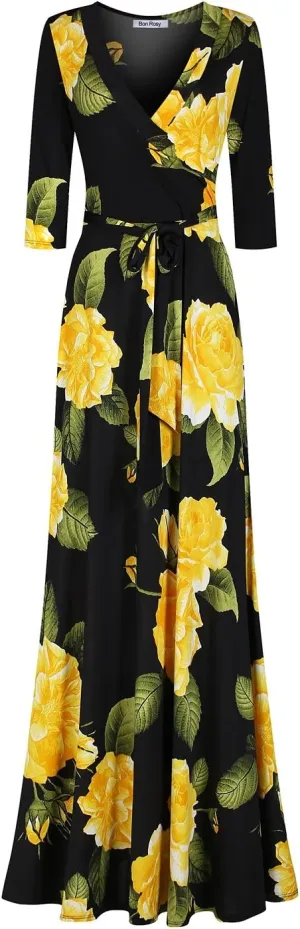 Women's Super Stretchy Maxi Party Dress Spring Floral Print Faux Wrap 3/4 Sleeve V-Neck