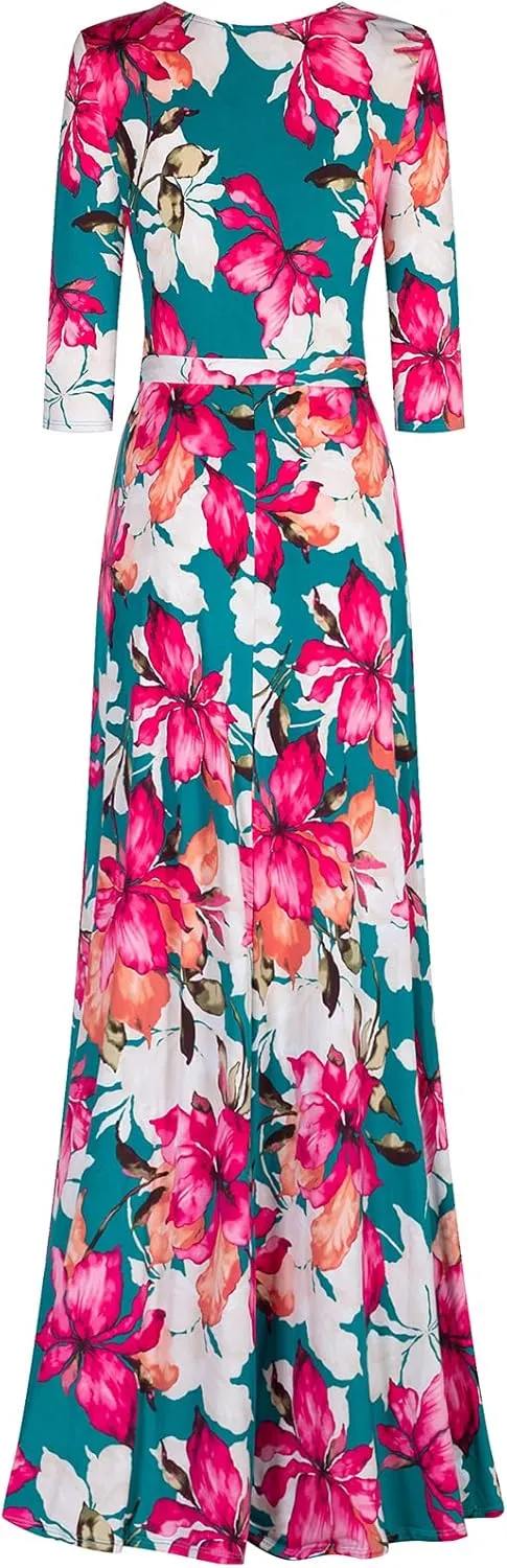 Women's Super Stretchy Maxi Party Dress Spring Floral Print Faux Wrap 3/4 Sleeve V-Neck