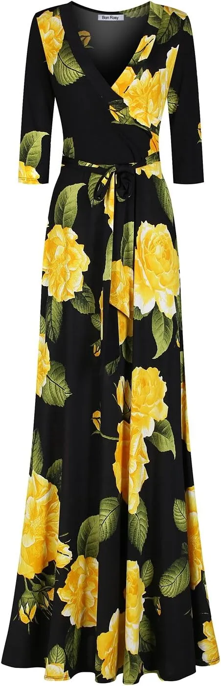Women's Super Stretchy Maxi Party Dress Spring Floral Print Faux Wrap 3/4 Sleeve V-Neck