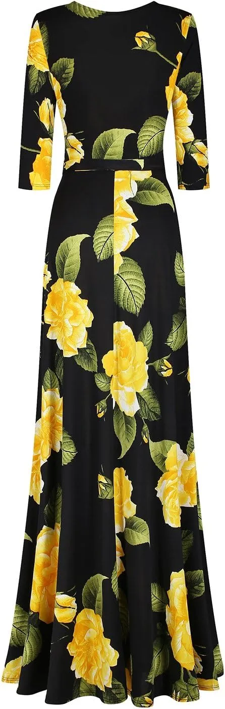 Women's Super Stretchy Maxi Party Dress Spring Floral Print Faux Wrap 3/4 Sleeve V-Neck