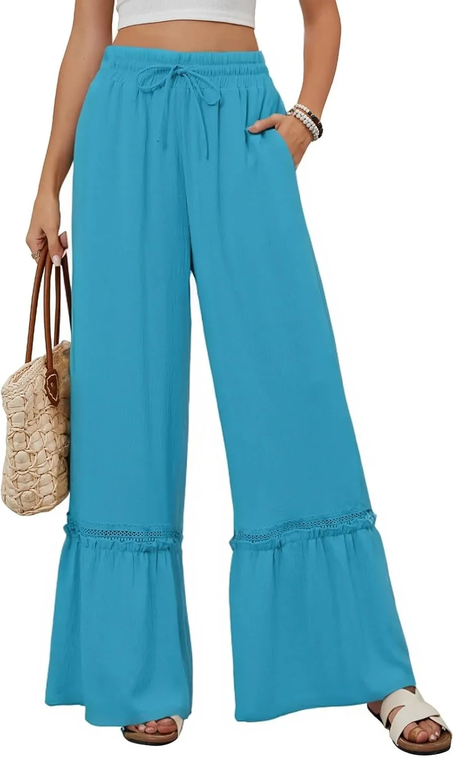 Women's Wide Leg Pants Drawstring Elastic Waist Lace Patchwork Ruffle Hem Flowy Palazzo Flared Trousers with Pockets