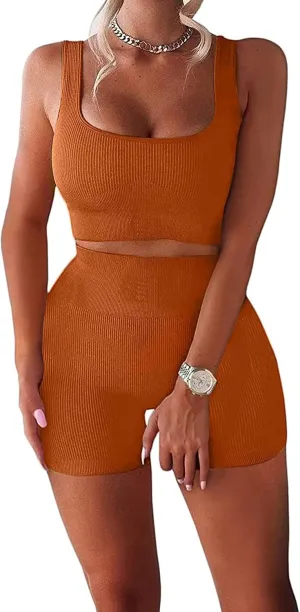 Women's Workout Outfits Ribbed Tank 2 Piece Seamless High Waist Gym Outfit Yoga Shorts Leggings Sets