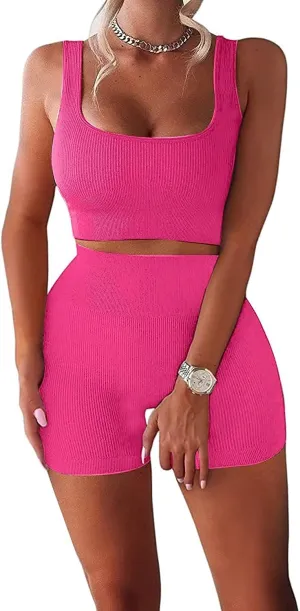 Women's Workout Outfits Ribbed Tank 2 Piece Seamless High Waist Gym Outfit Yoga Shorts Leggings Sets
