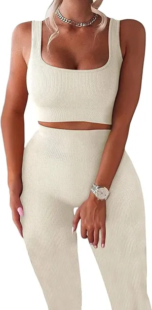 Women's Workout Outfits Ribbed Tank 2 Piece Seamless High Waist Gym Outfit Yoga Shorts Leggings Sets