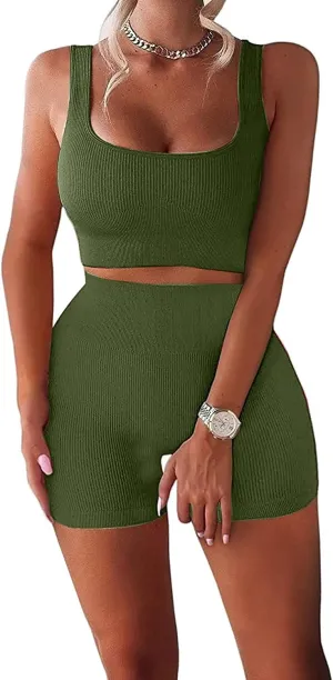 Women's Workout Outfits Ribbed Tank 2 Piece Seamless High Waist Gym Outfit Yoga Shorts Leggings Sets
