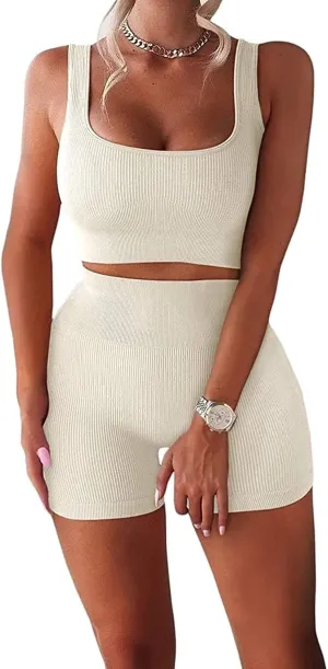 Women's Workout Outfits Ribbed Tank 2 Piece Seamless High Waist Gym Outfit Yoga Shorts Leggings Sets