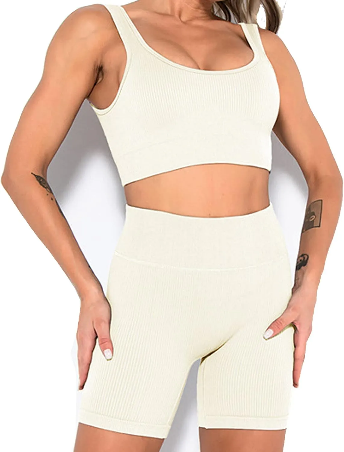 Women's Workout Outfits Ribbed Tank 2 Piece Seamless High Waist Gym Outfit Yoga Shorts Leggings Sets