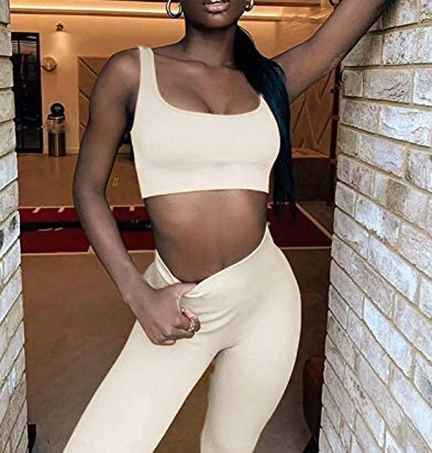 Women's Workout Outfits Ribbed Tank 2 Piece Seamless High Waist Gym Outfit Yoga Shorts Leggings Sets