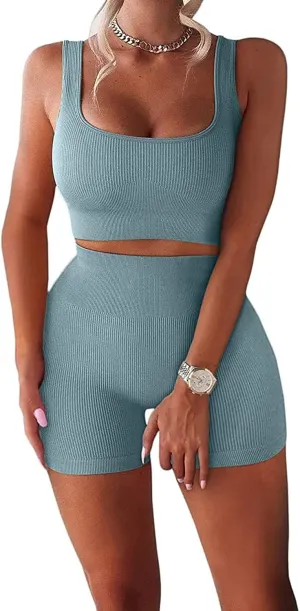 Women's Workout Outfits Ribbed Tank 2 Piece Seamless High Waist Gym Outfit Yoga Shorts Leggings Sets