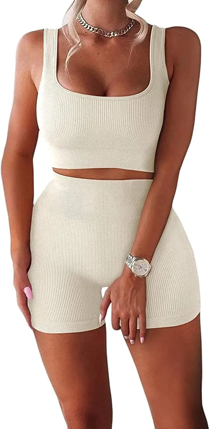 Women's Workout Outfits Ribbed Tank 2 Piece Seamless High Waist Gym Outfit Yoga Shorts Leggings Sets