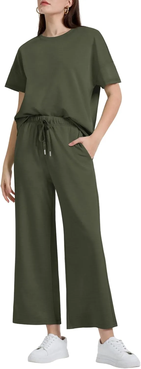 XIEERDUO Women's 2 Piece Outfits For Women Loose Pajamas Pullover Tops And Wide Leg Pants Lounge Sets Tracksuit Sweatsuit