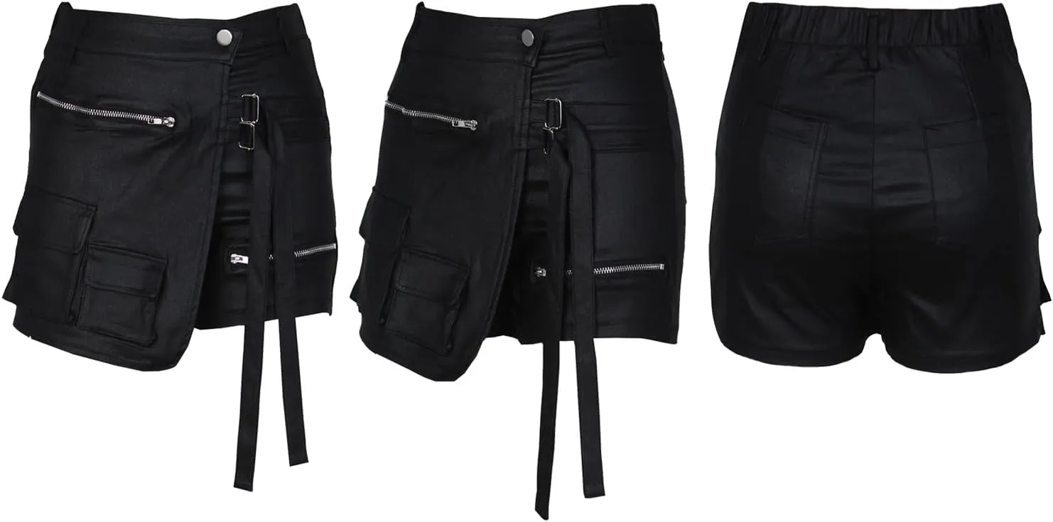 XZLUFNY Metallic Cargo Skorts for Women High Waisted Multi-Pocket A-Line Short Skirt