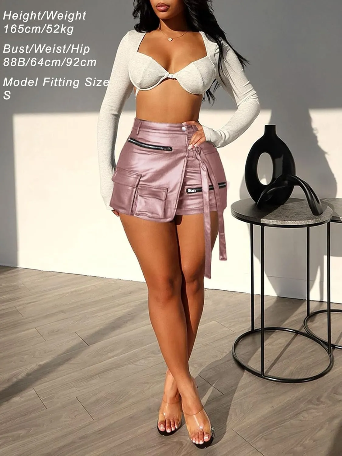 XZLUFNY Metallic Cargo Skorts for Women High Waisted Multi-Pocket A-Line Short Skirt