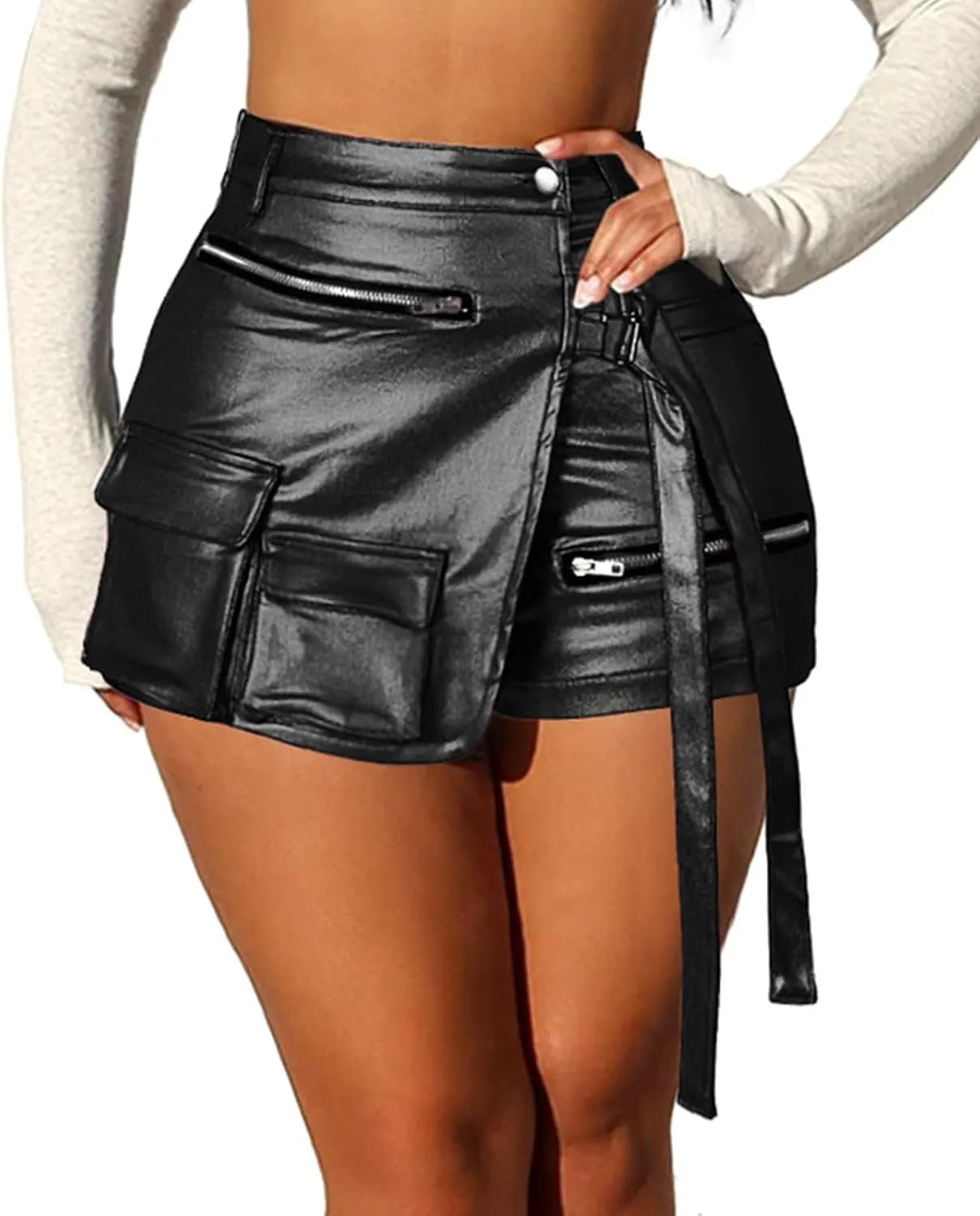 XZLUFNY Metallic Cargo Skorts for Women High Waisted Multi-Pocket A-Line Short Skirt