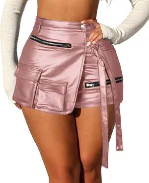 XZLUFNY Metallic Cargo Skorts for Women High Waisted Multi-Pocket A-Line Short Skirt