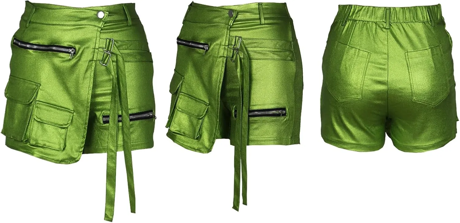 XZLUFNY Metallic Cargo Skorts for Women High Waisted Multi-Pocket A-Line Short Skirt