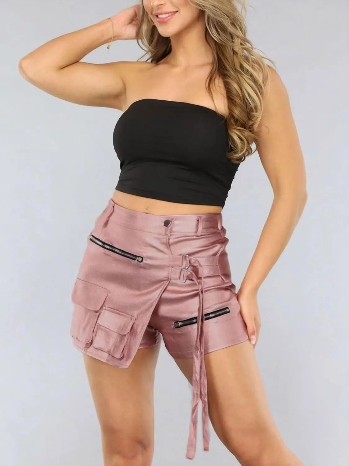 XZLUFNY Metallic Cargo Skorts for Women High Waisted Multi-Pocket A-Line Short Skirt