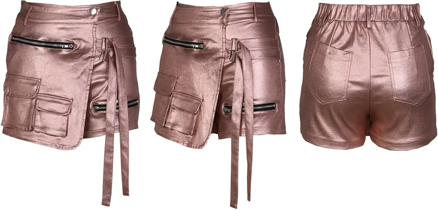 XZLUFNY Metallic Cargo Skorts for Women High Waisted Multi-Pocket A-Line Short Skirt