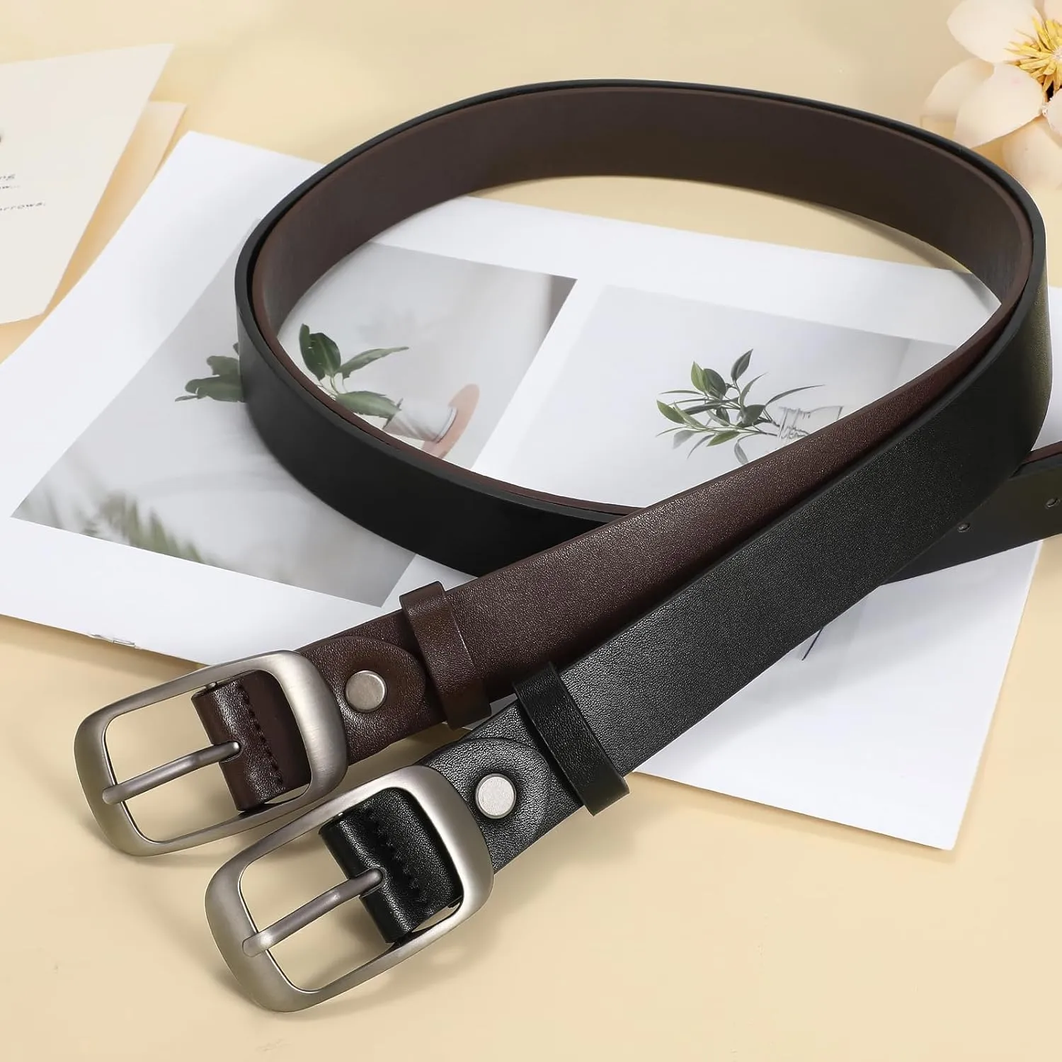 XZQTIVE 2 Pack Women Plus Size Leather Belts Fashion Cowhide Waist Belt with Solid Pin Buckle for Jeans Pants Dress