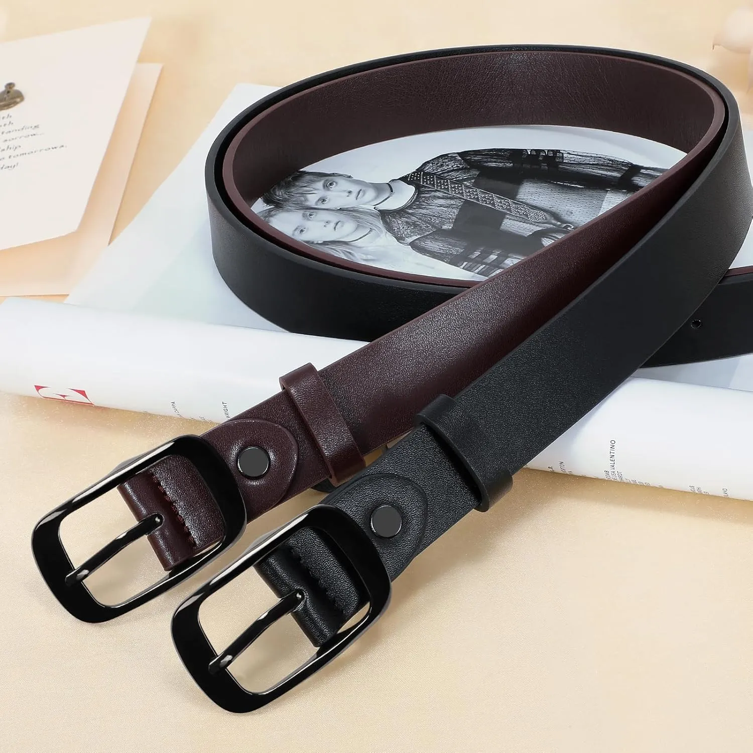 XZQTIVE 2 Pack Women Plus Size Leather Belts Fashion Cowhide Waist Belt with Solid Pin Buckle for Jeans Pants Dress